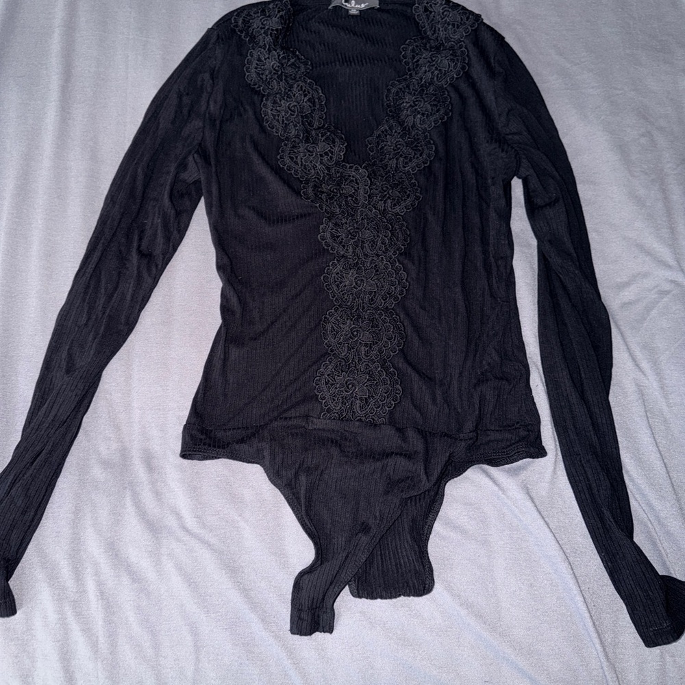 Lulu's Black Lace-Trim Long Sleeve Ribbed Bodysuit